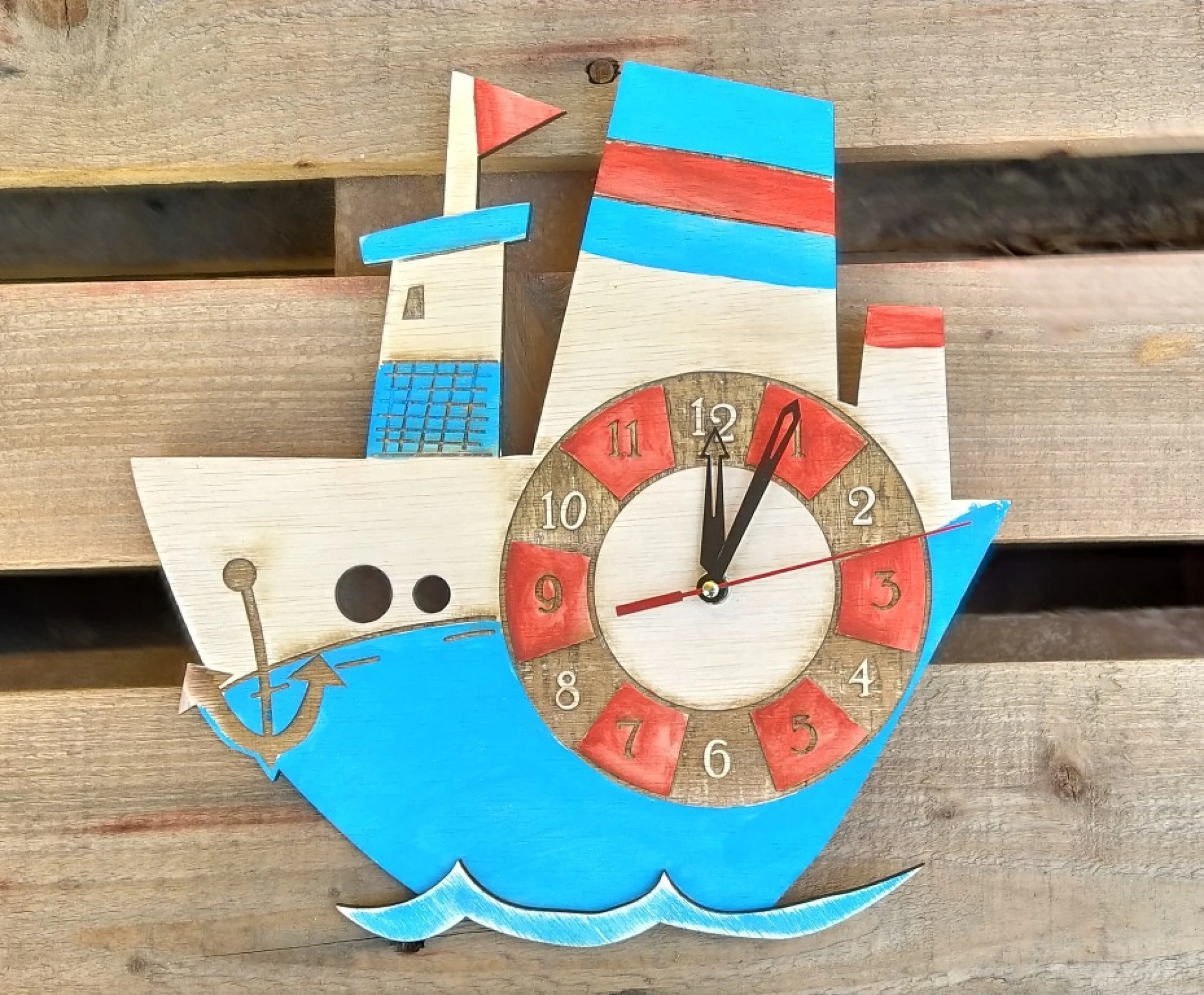 Детски, дизайнерски, дървен часовник за стена - Кораб