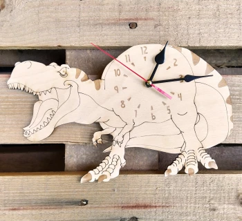Детски, гравиран, дървен часовник за стена-Динозавър