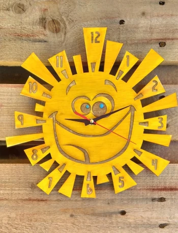 Детски, дървен часовник за стена - 30 см - Слънце