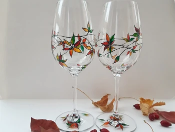 Рисувани чаши за вино - Есенни листенца