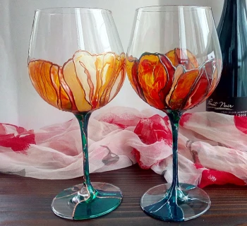 Ръчно рисувани чаши за вино - Оранжеви цветя